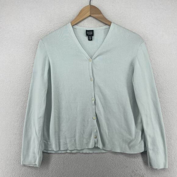 EILEEN FISHER Sweater PL Petite Cotton Button Front V-Neck Cardigan Blue Vtg - Picture 1 of 16